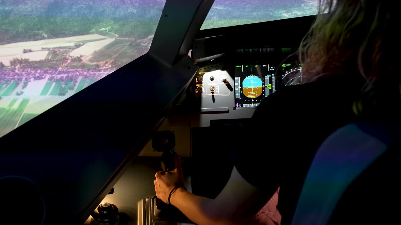 Aircraft Cockpit Flight Simulator - Woman Experienced To Navigate Airbus A320 With Realistic View. - closeup shot