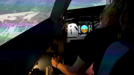 aircraft cockpit flight simulator - woman experienced to navigate airbus a320 with realistic view. - closeup shot