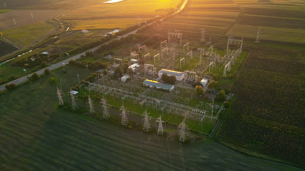 Aerial drone view of electric facility in Moldova at sunset. Road, fields around