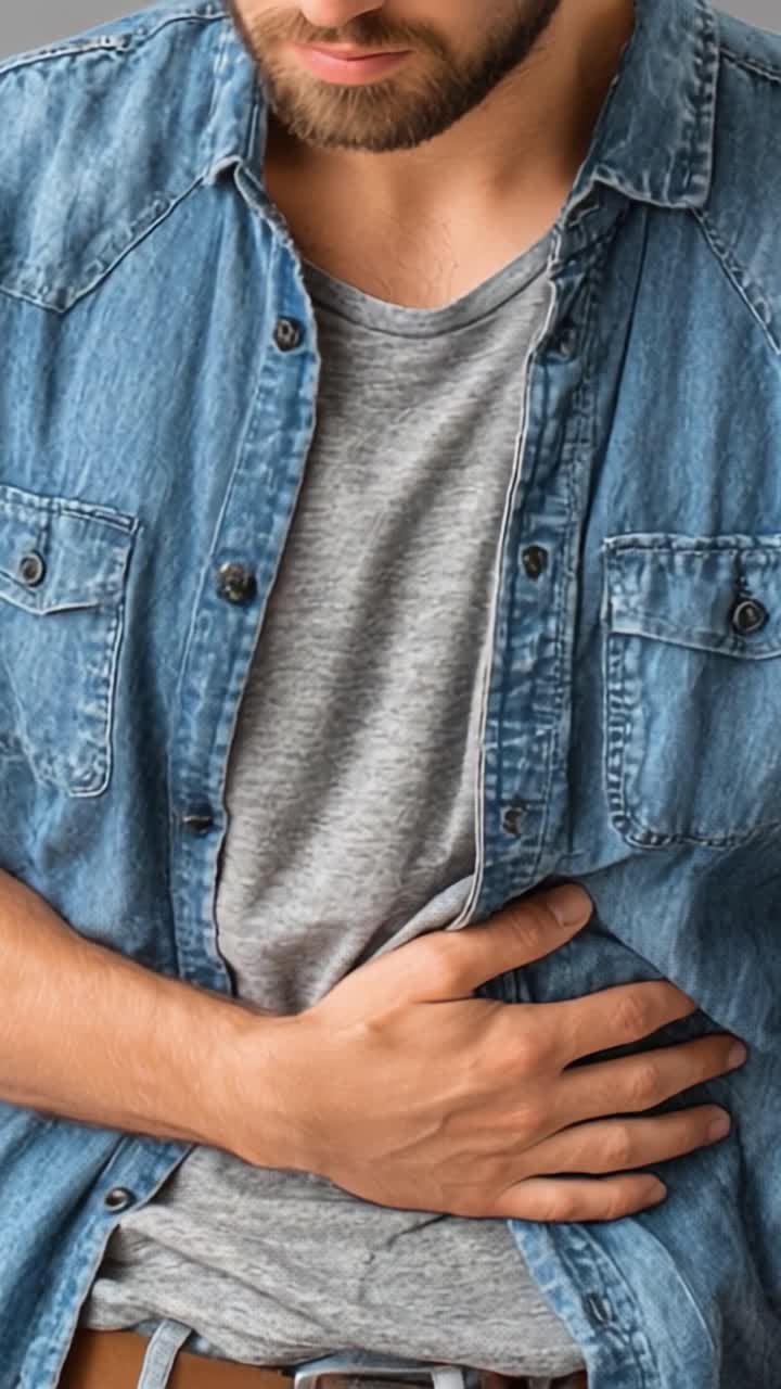 Un Uomo con una Camicia di Jeans e una Maglietta Grigia che si Tiene lo Stomaco, Mostrando Incertezza o Disagio in un Momento Contemplativo