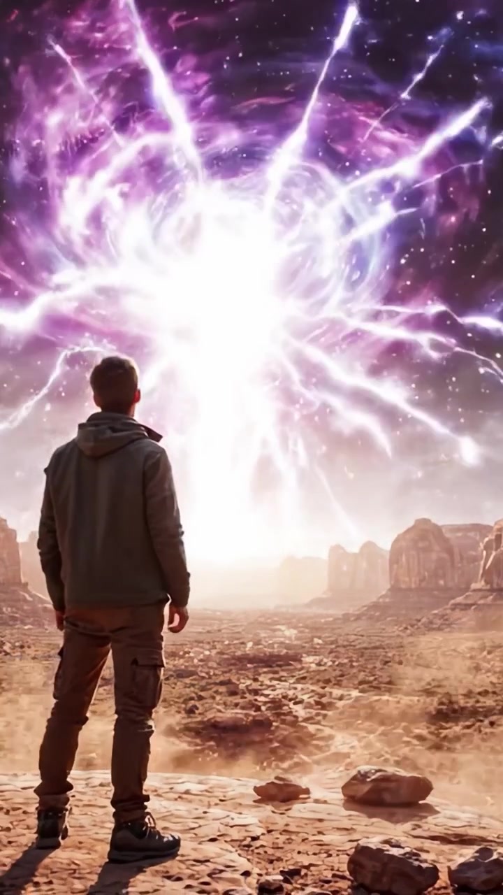 Una figura contempla un vórtice cósmico que emana luz mística en un paisaje desértico, evocando una sensación de asombro y exploración en medio de la belleza del universo.