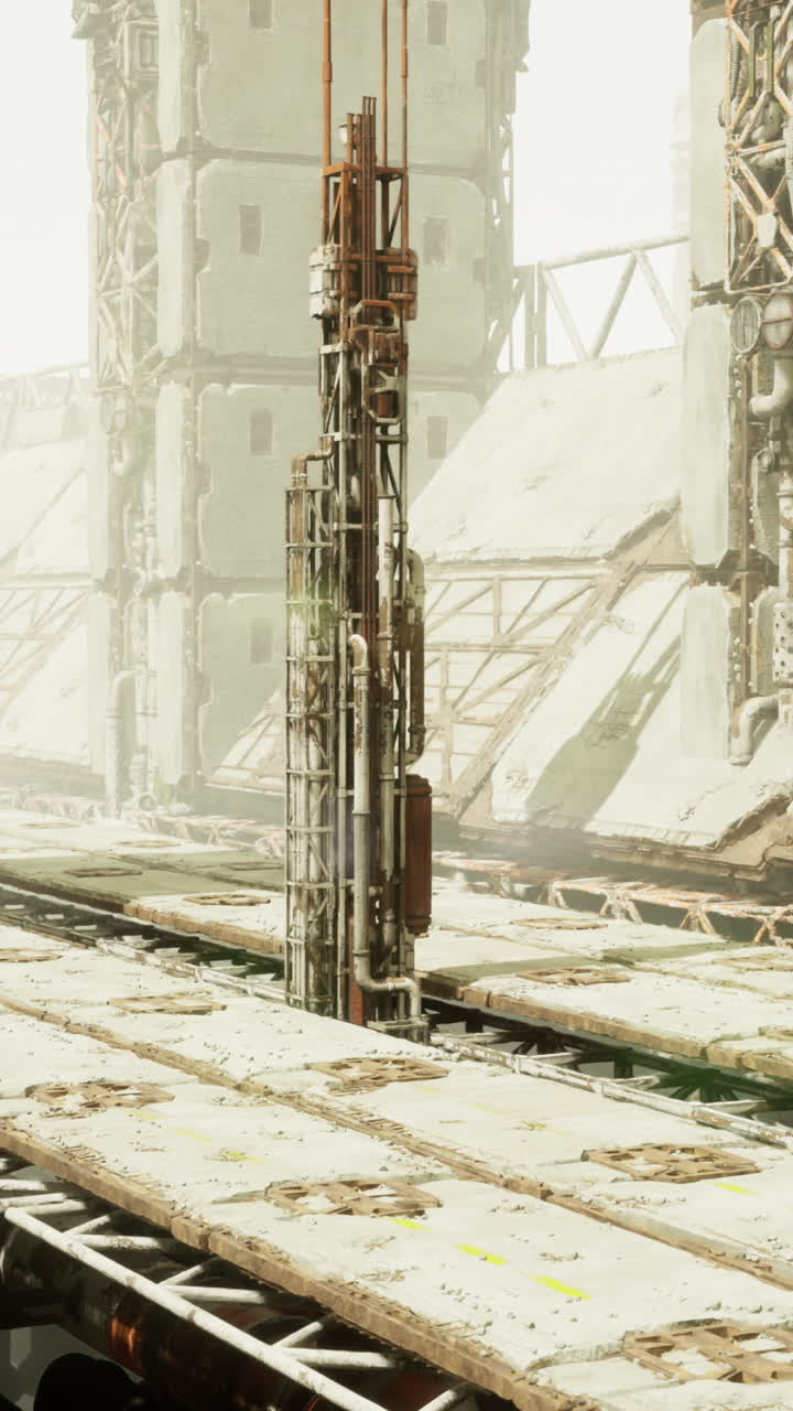 Futuristic industrial landscape with towering structures in foggy atmosphere