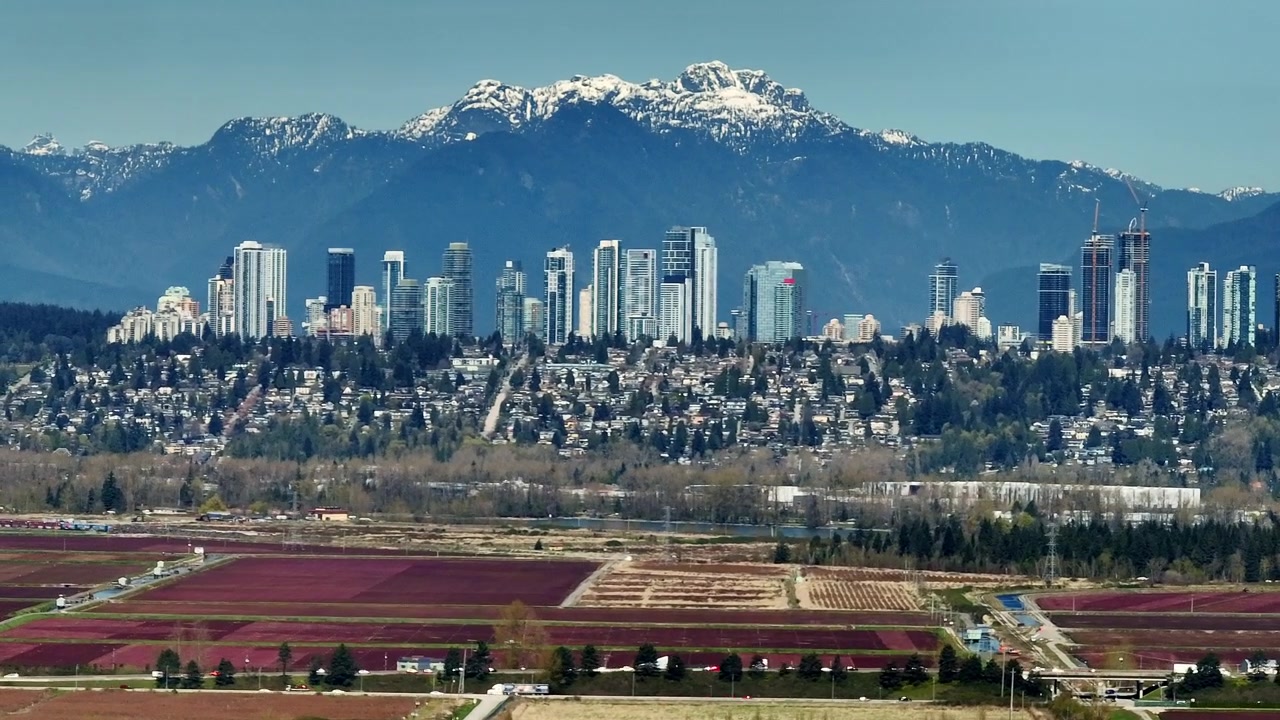 Skyline lungo il fiume Fraser a Delta Richmond, Columbia Britannica, Canada, che mostra aree di spedizione industriali, strutture sul lungomare, canali fluviali e il paesaggio urbano circostante - ripresa con drone