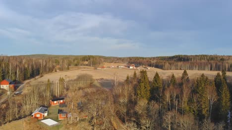 drone shot of some small red houses in sweden