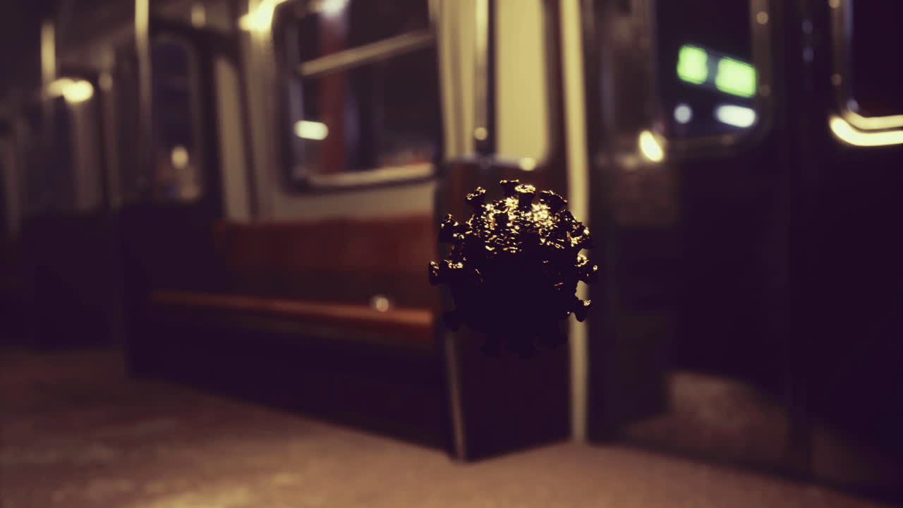 Dark virus floating in a deserted subway car during a late night journey