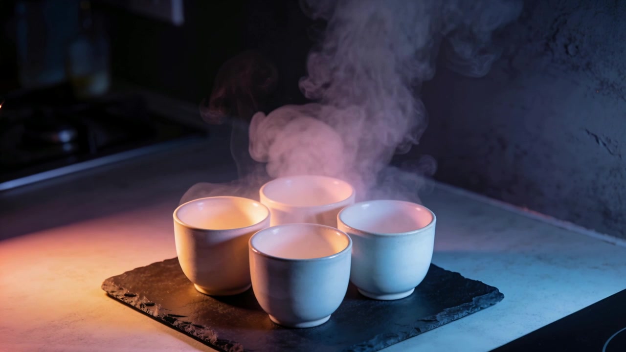De la vapeur s'élève autour de quatre tasses blanches posées sur une planche en ardoise dans la cuisine, la plaque de cuisson chauffant.