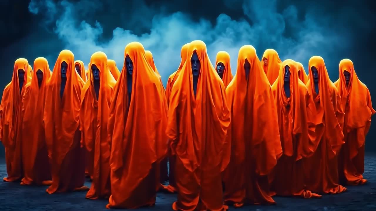 un grupo de personas con túnicas naranjas de pie en una línea