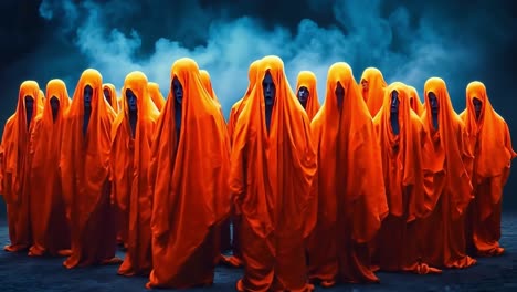 a group of people in orange robes standing in a line