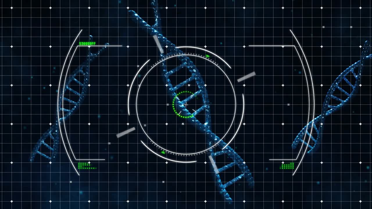 White reticle lines fading in pulsing green semicircle guiding rotating helix scanning base pairs