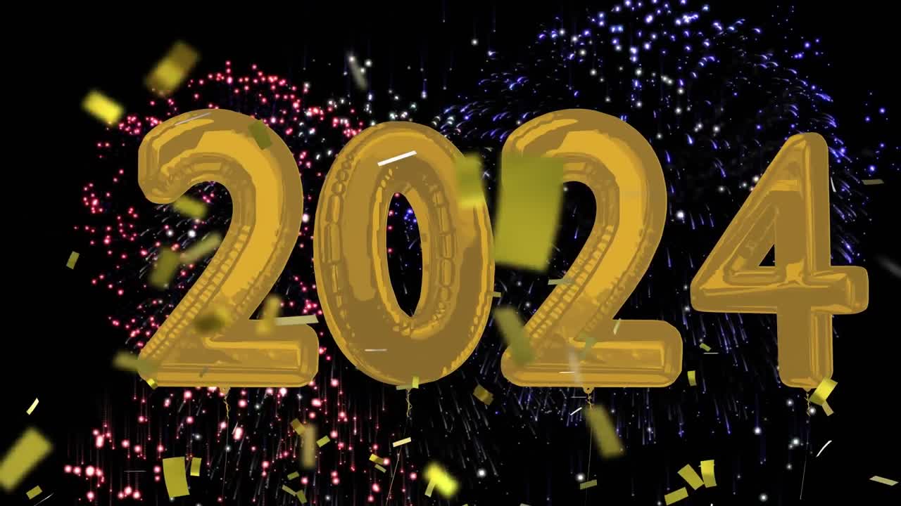 animación de 2024 globos volando y cayendo confeti sobre un fondo negro