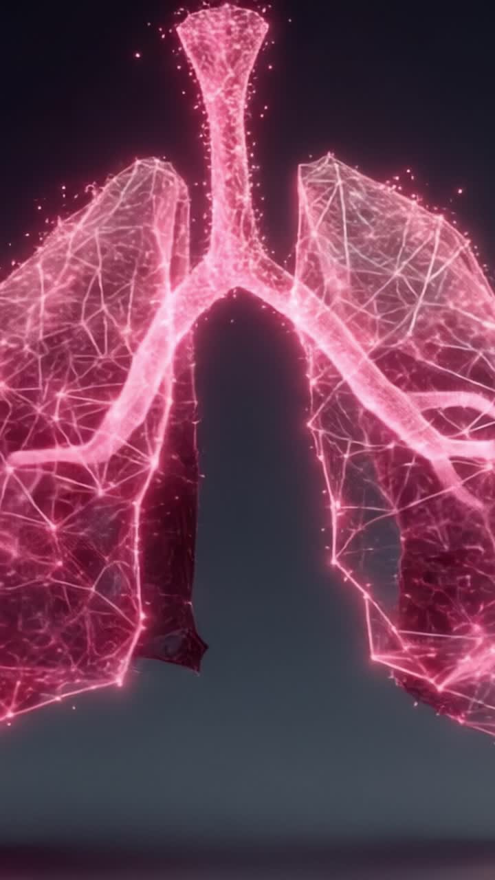 Una straordinaria visualizzazione dei polmoni in un design di rete al neon, che mette in mostra la struttura intricata e la funzione dell'anatomia respiratoria umana attraverso l'arte digitale