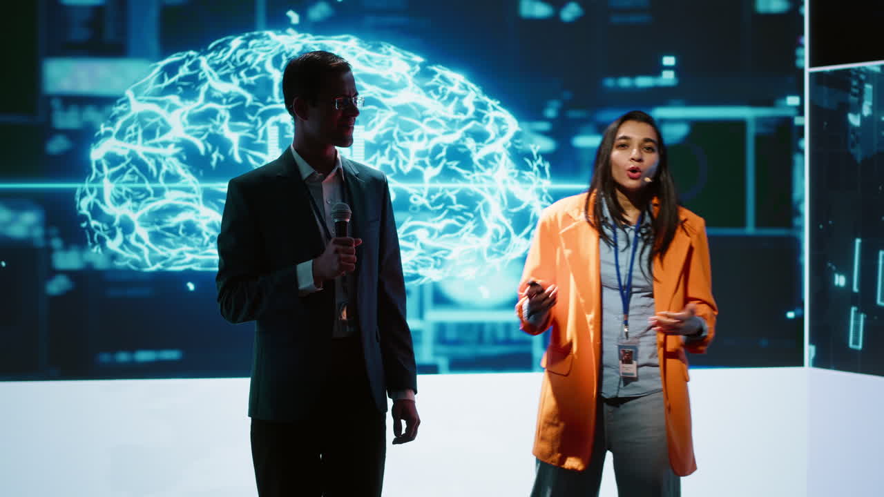 Tech specialists discussing during AI keynote summit presentation