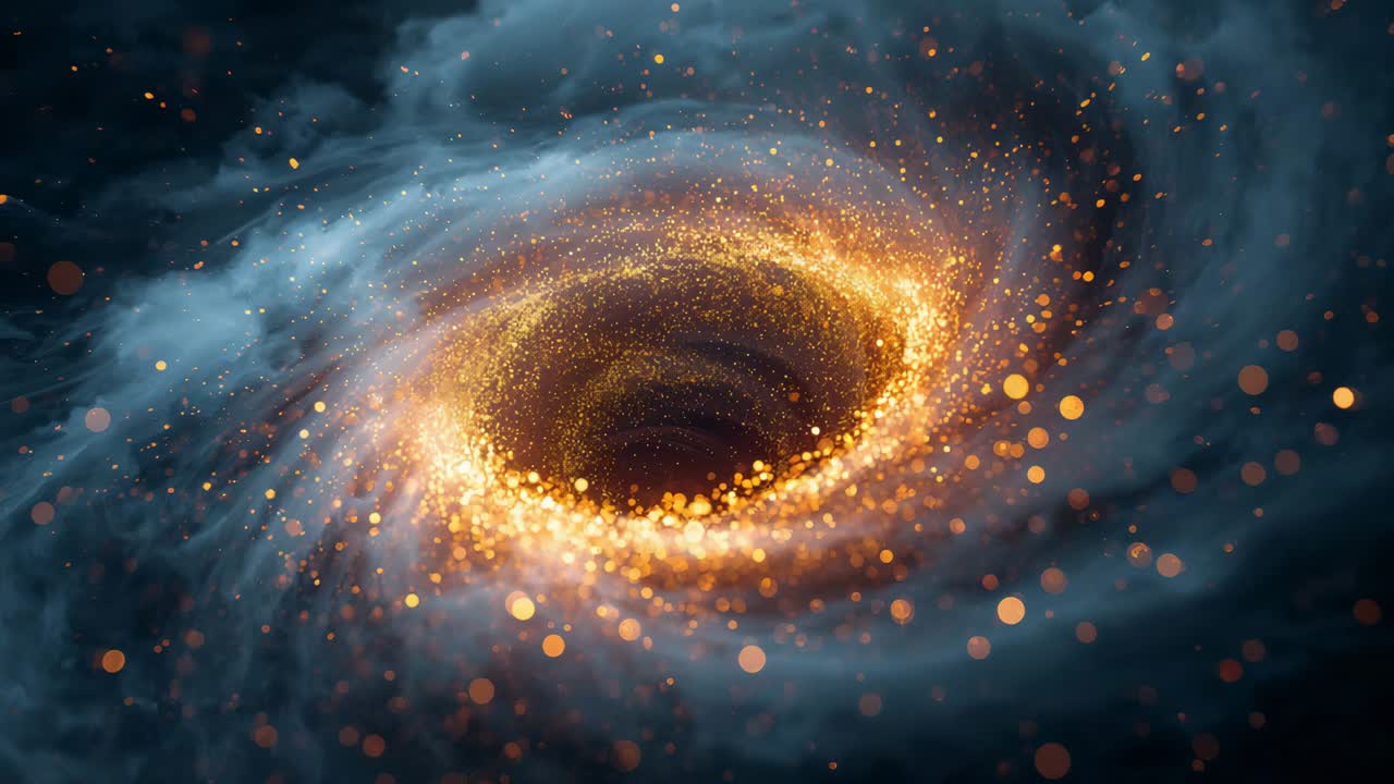 Orbiting glowing vortex pulling orbs inward in nebula, being pulled by central void and golden ring