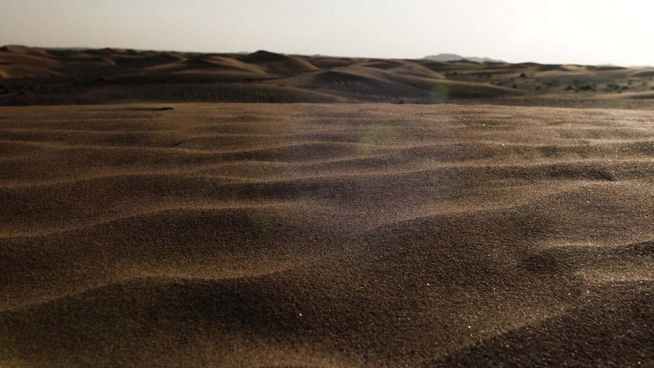 Sabbia al rallentatore che si muove attraverso un deserto. Paesaggio desertico mediorientale vicino a Dubai negli Emirati Arabi Uniti.