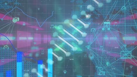 Animation-of-dna-structure-spinning-over-statistical-data-processing-against-neon-tunnel