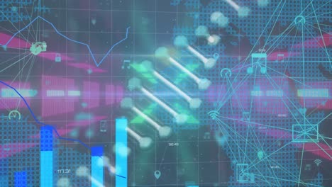 animation of dna structure spinning over statistical data processing against neon tunnel