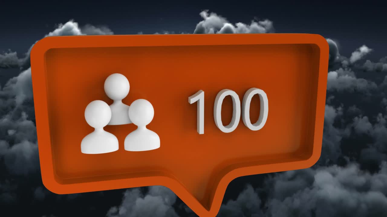 анимация значка людей с цифрами на речевом пузырьке над небом и облаками