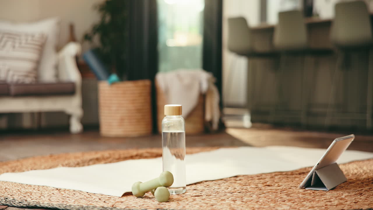 Hjemmetreningsoppsett med yogamatte, vannflaske og nettbrett