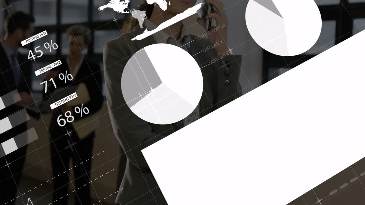 анимация обработки финансовых данных над кавказской бизнесменкой, использующей смартфон