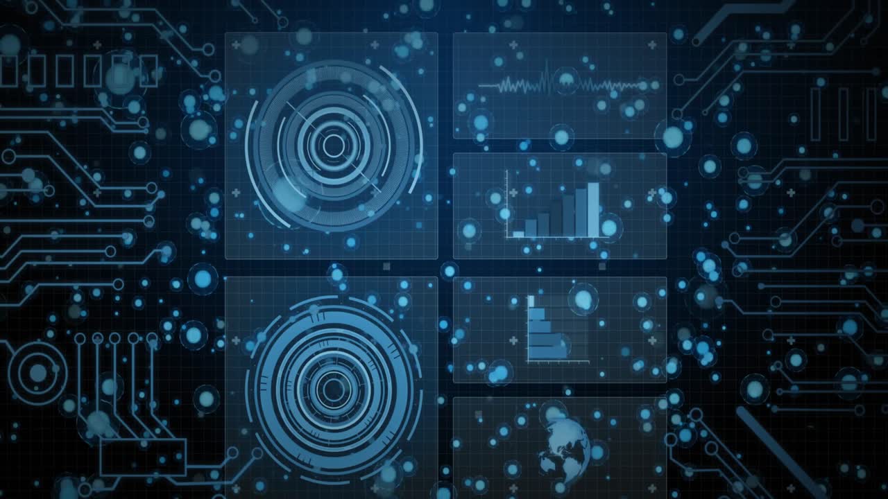 Animation of data processing with scope scanning and spots on black background