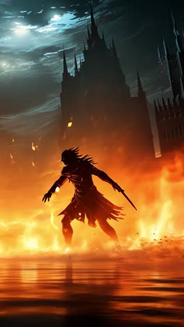 dramatic battle between two shadowy figures amidst flames and ruins