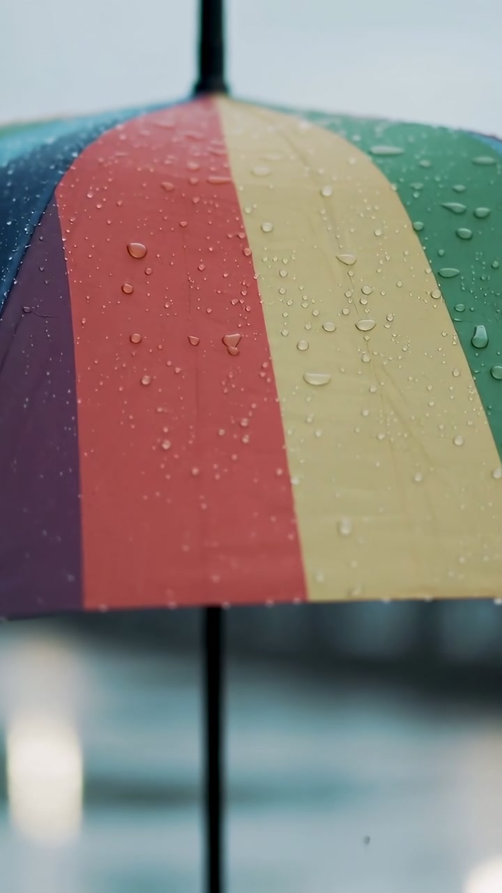 Vertical video: Rain driving umbrella wetting fabric, drops forming and one falling for weather