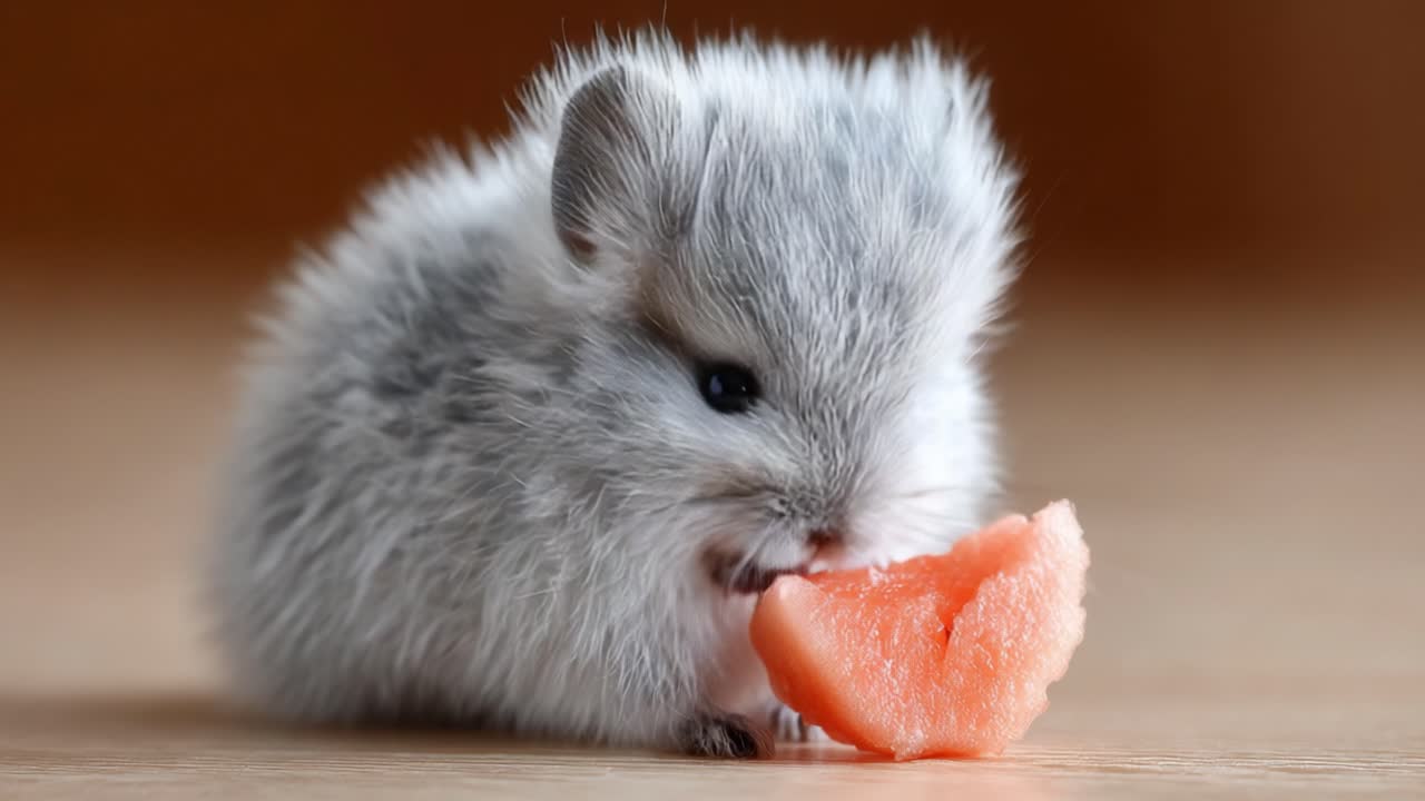 Cute and Fluffy Small Rodent Enjoying Juicy Watermelon Slice, Close-Up Capture of Adorable Creature Relishing Refreshing Treat on a Smooth Surface