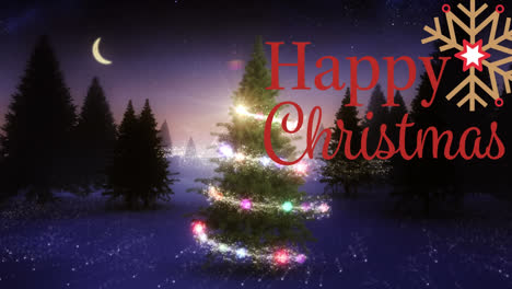 Animation-of-christmas-greetings-over-winter-landscape-background-with-christmas-tree