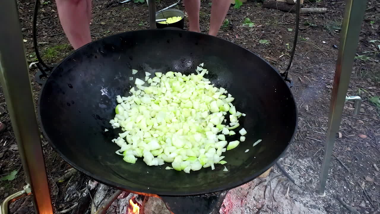 Outdoor campfire cooking as veggies sizzle in hanging pot over firewood