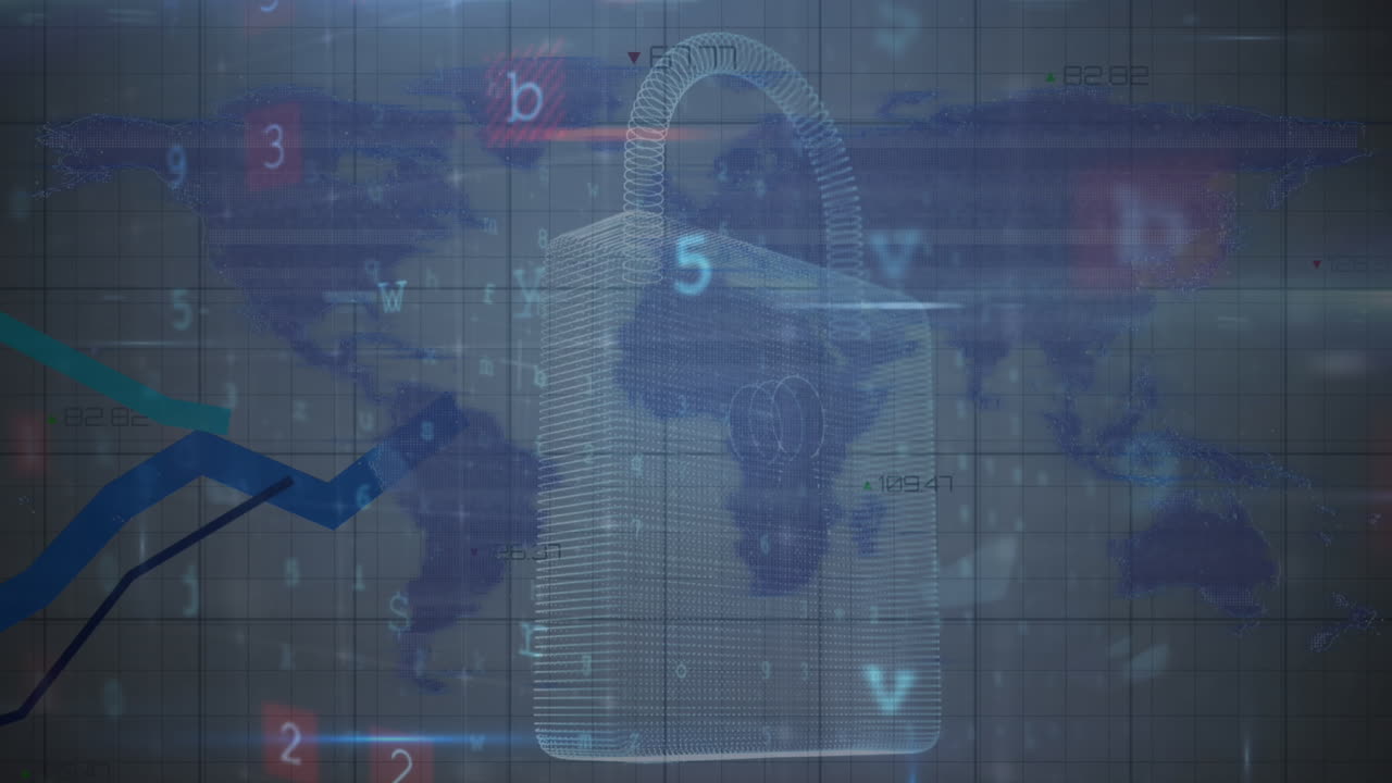 animación de iconos de conceptos de ciberseguridad y procesamiento de datos contra el mapa del mundo.