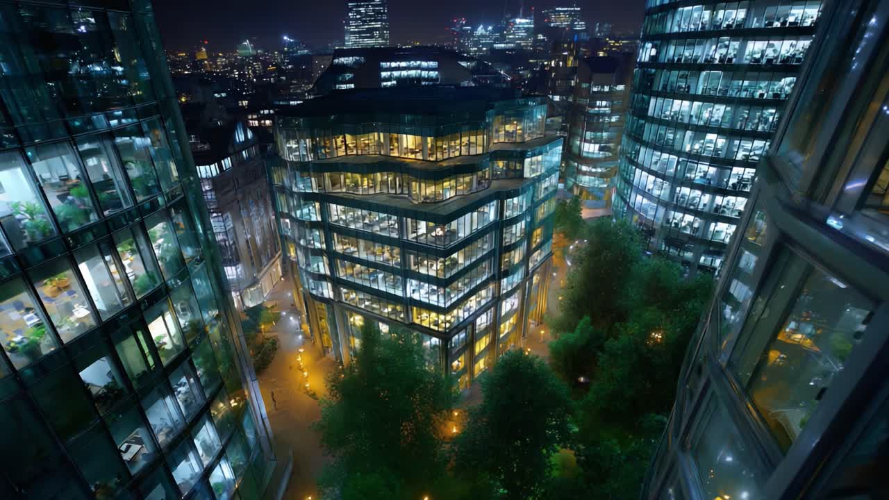 Paisagem urbana noturna deslumbrante: uma vista da arquitetura moderna e edifícios iluminados em meio a luzes da cidade e vegetação exuberante a partir de uma perspectiva do topo.
