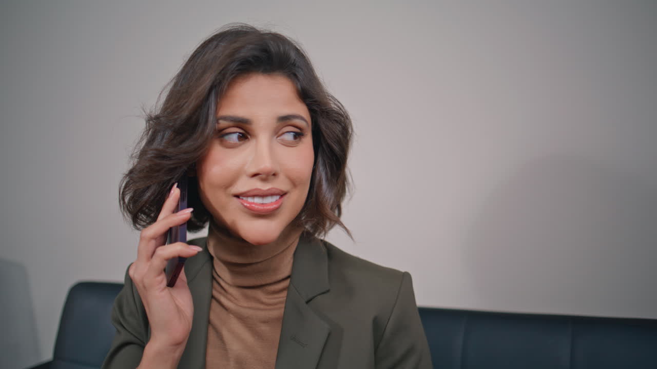 Businesswoman have smartphone conversation in office closeup. Portrait manager