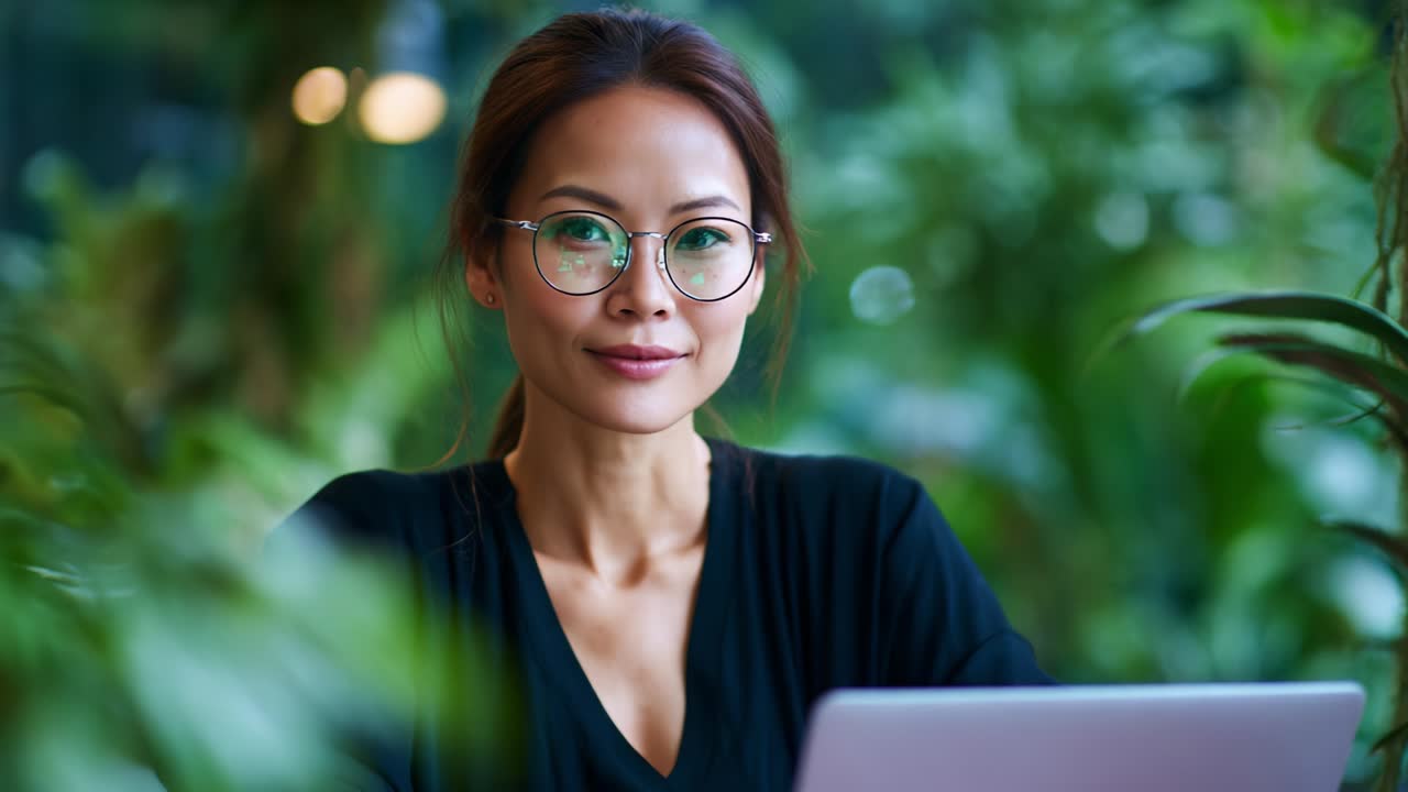 A focused woman with glasses working on her laptop surrounded by lush greenery, capturing the essence of productivity and tranquility in a vibrant, natural environment