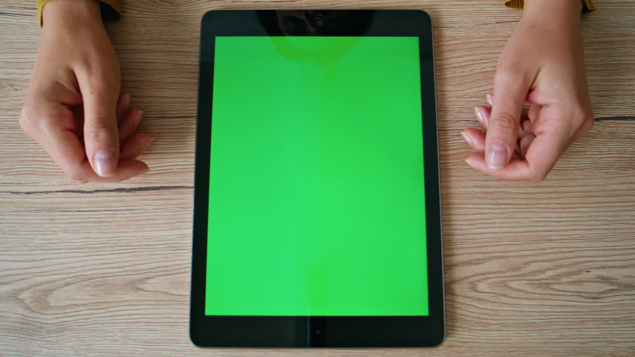 Freelancer watching mockup tablet at home desk closeup top view. Unknown woman