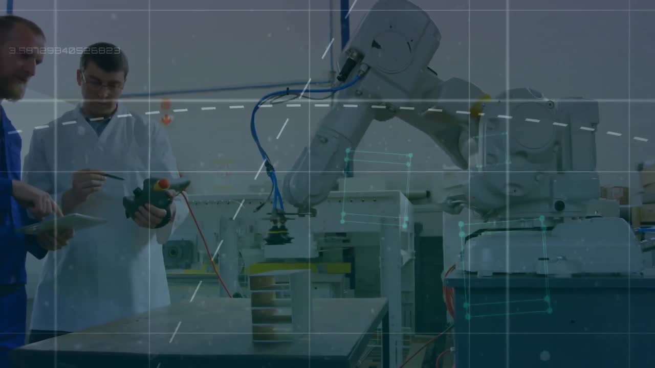 animazione di linee, punti collegati che formano cubi, ingegneri maschi caucasici che controllano il braccio robotico
