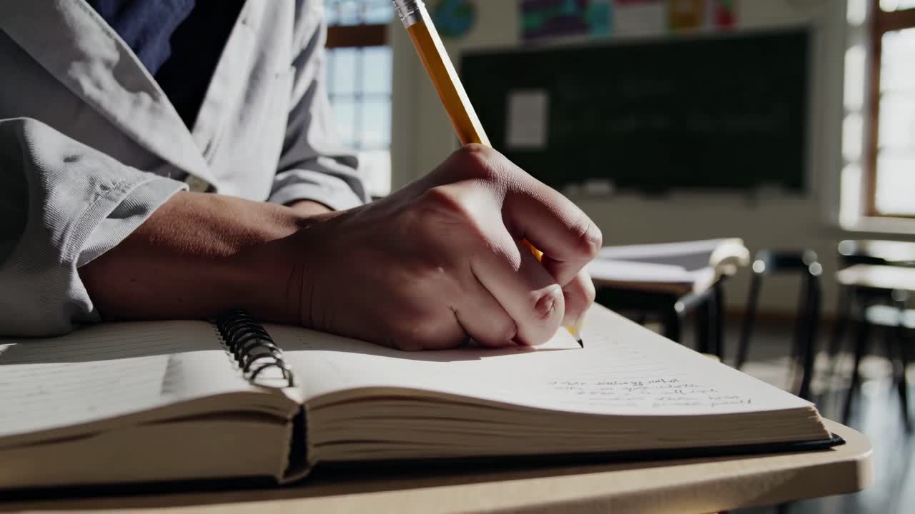 Close-up video shot of a hand writing in a notebook on a desk