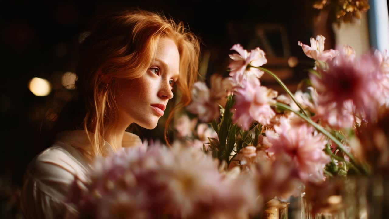A woman in a sunlit room surrounded by vibrant pink flowers, reflecting on life and beauty. Her serene expression evokes a sense of calm and connection with nature's elegance
