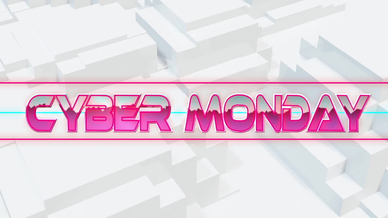 animación del texto de cyber monday sobre formas blancas