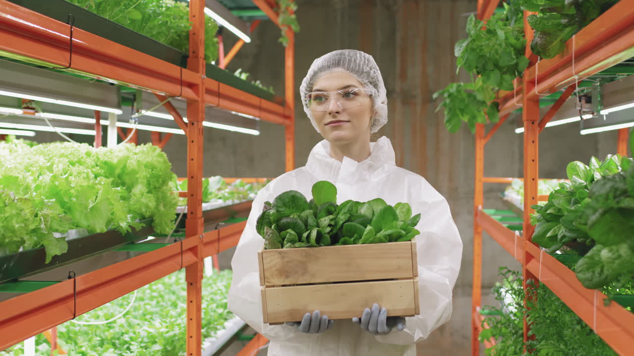 Female Agroengineer With Box Of Spinach Seedlings