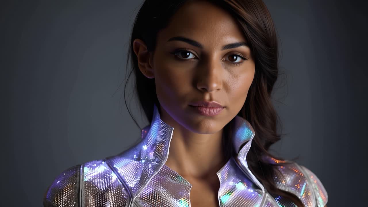 Glowing jacket reflects ambient light subtly. Model gazes downward, serene and thoughtful. Hand gently touches fabric, poised and elegant. Suitable for futuristic fashion, cyber aesthetics