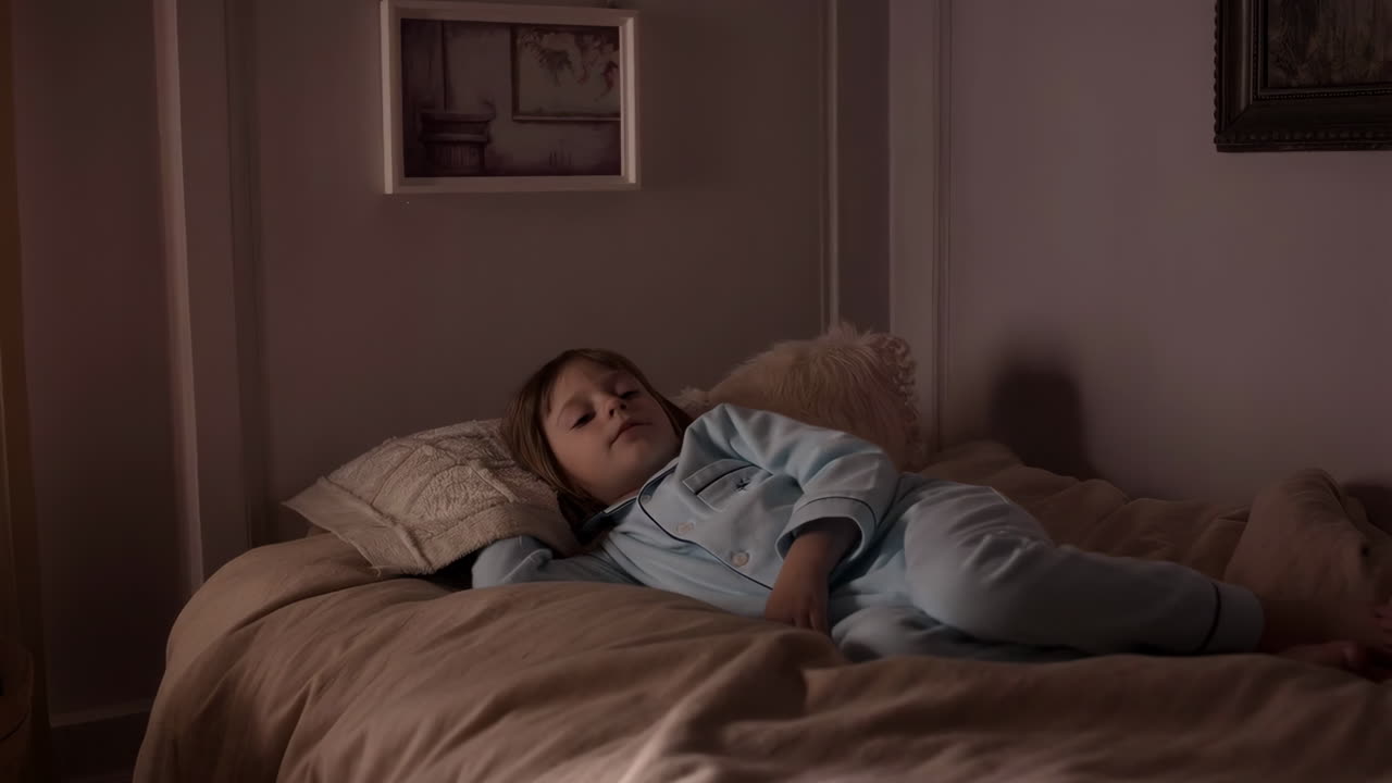 침대에서 자고 있는 아이