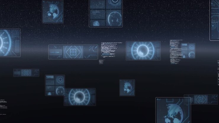 Animation of scope scanning, statistics recording, globe spinning and data processing on screens