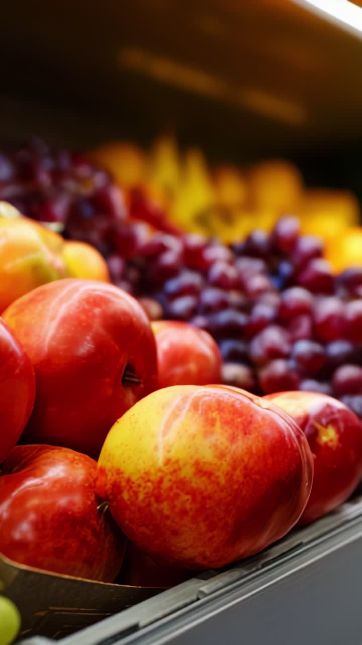 Vibrant Display of Fresh Fruits in a Grocery Store, Featuring Juicy Apples, Grapes, and Citrus, Showcasing Nature's Bounty and Colors in a Market Setting