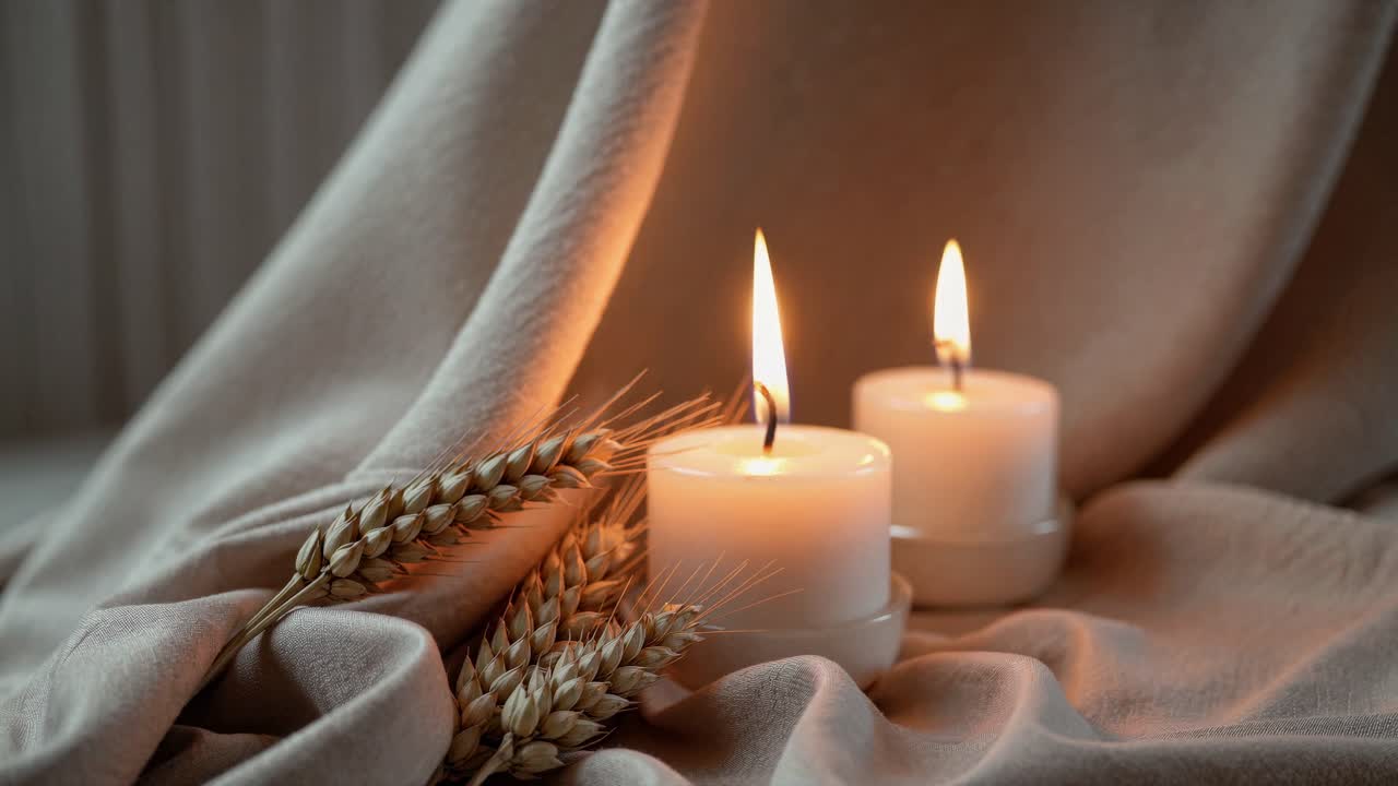 The video captures a serene, cozy atmosphere with lit candles and wheat on soft fabric