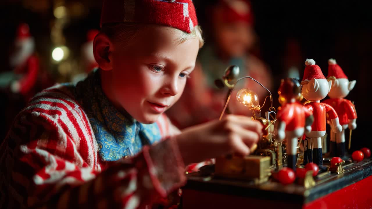 Un ragazzino assorto nel gioco, che crea delicatamente con statuette vintage, illuminato dal bagliore caldo di una fonte di luce, incarnando l'immaginazione infantile e la gioiosa curiosità
