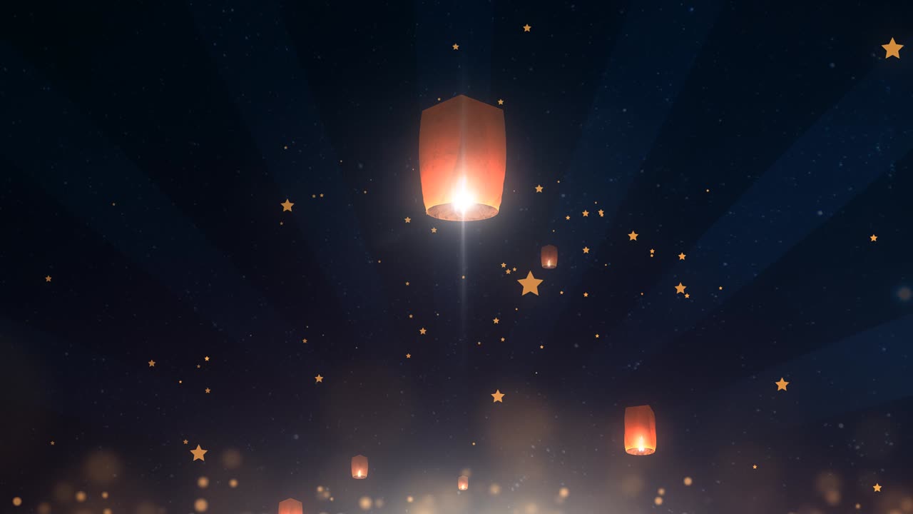 Lampion Terbang Bercahaya Melayang ke Atas di Langit Malam Bertabur Bintang