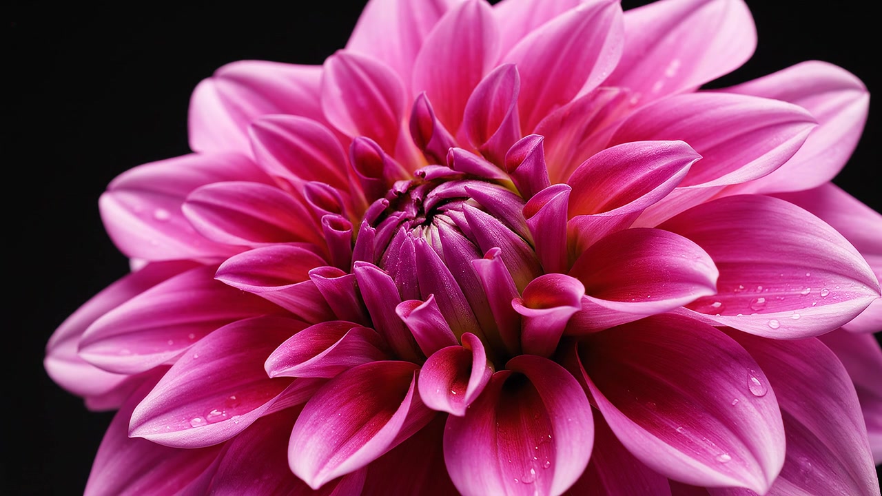 Primo piano di un fiore di dalia rosa vibrante su sfondo nero