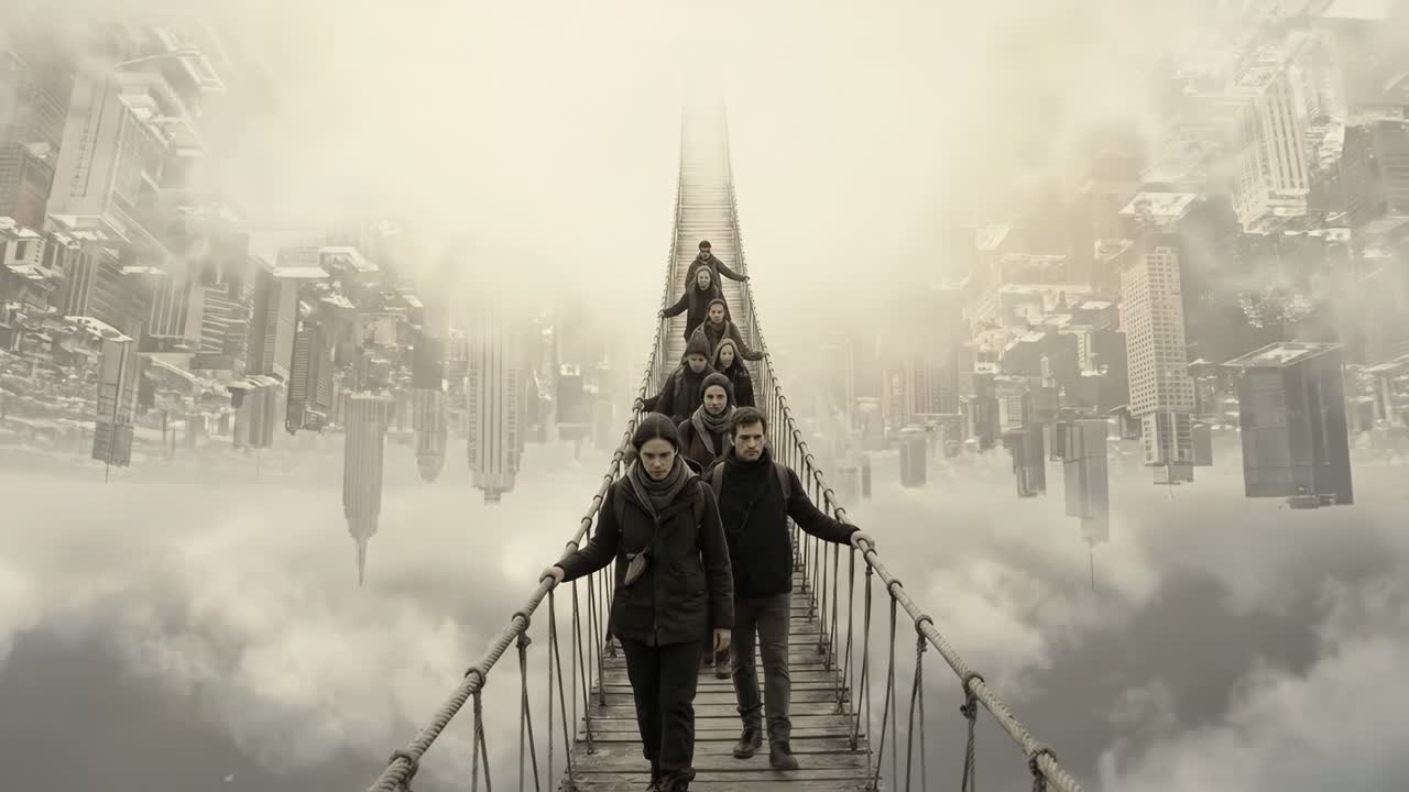 Gruppo di persone che camminano su un ponte di corda sopra le nuvole in un paesaggio urbano surreale