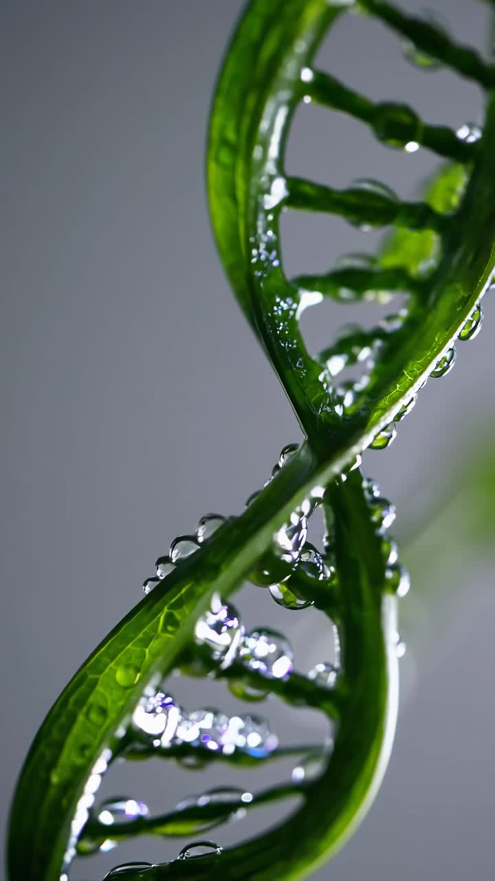 Close-up video shot of a green DNA helix with water droplets, showcasing nature's intricate design