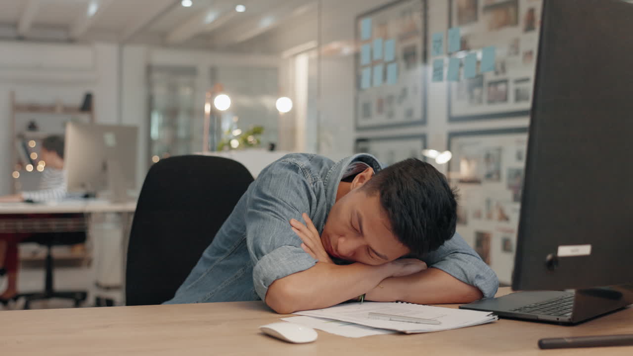 Stress, sleep and man at desk